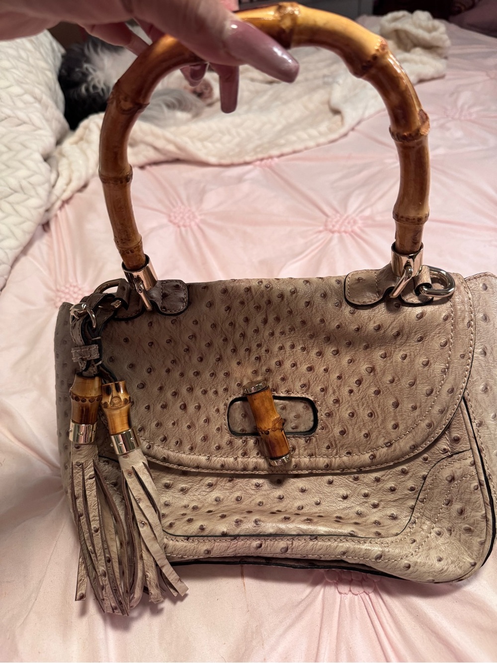 Gucci Beige Ostrich-Embossed Bamboo-Handle Shoulder Bag